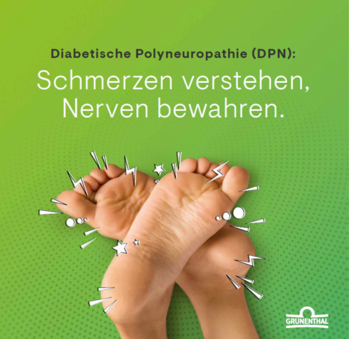 Zwei nackte Füße überkreuzt vor grünem Hintergrund. Comic-Blitze, Sterne und Stacheln berühren die Fußsohlen. Überschrift: Diabetische Polyneuropathie (DPN): Schmerzen verstehen, Nerven bewahren.